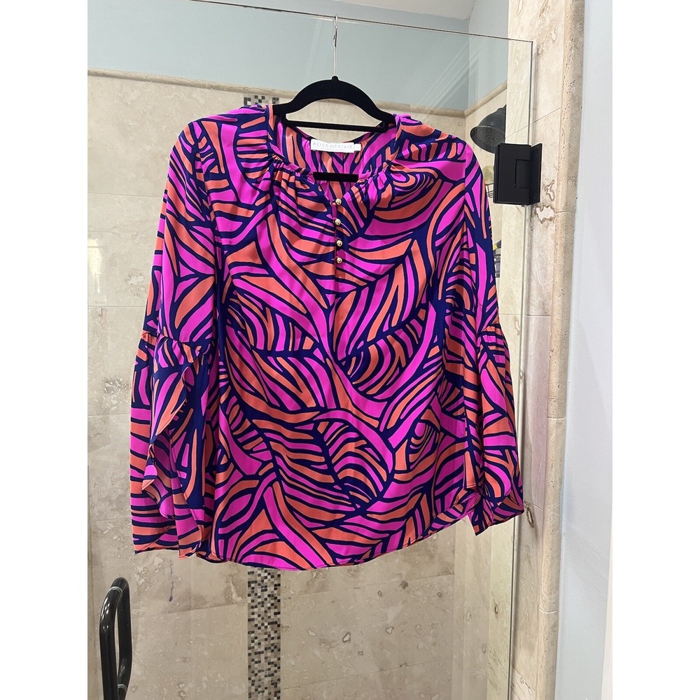 Alice & Trixie Women Pink Palm Long Sleeve Silk Top L Split Bell Sleeve